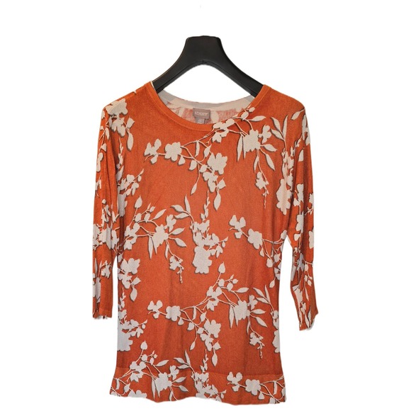 Chico's Sweaters - Chicos Orange Floral 3/4 Sleeve Cashmere Blend Knit Sweater Top Size 0 Small‎